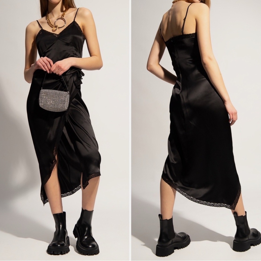 Alexander Wang Black Asymmetrical LACE-TRIM DRAPED SLIP SILK DRESS